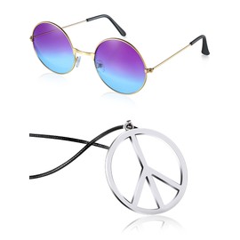 Hippie Dressing Accessory Set Hippie Glasses and Peace Sign Necklace (Blue Purple)