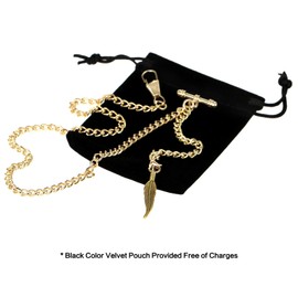 TREEWETO Men's Albert Chain Pocket Watch Curb Link Key Chain 2 Hooks with Antique Gold Leaf Pendant Design Charm Fob T Bar