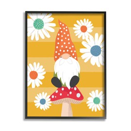 Stupell Industries Mushroom Garden Gnome Daisies Yellow Stripes, Designed by Lisa Whitebutton Black Framed Wall Art