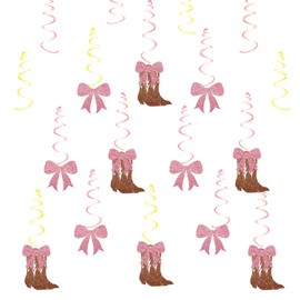 30pcs Coquette Cowgirl Hanging Swirls, Cowgirl Birthday Hanging Decoration, Boots and Bows Party Favors - Pink Glitter