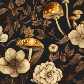 BOKEBEVE Floral Wallpaper Peel and Stick Mushroom Contact Paper Vintage Wall Paper for Bedroom Drawer Shelf Liner Removable Renter Friendly Black Gold 17.5 x 393.5In