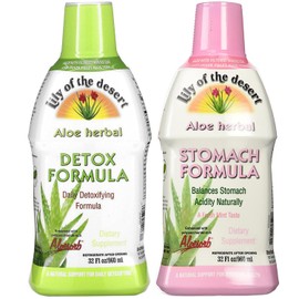 Lily Of The Desert Stomach Formula & Detox Formula Variety 2-Pack – Aloe Vera and Herbs for Gut Health, Liver Detox, Heartburn Relief, 32 Fl Oz Ea
