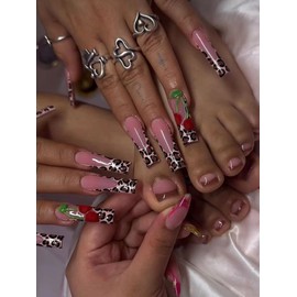 48Pcs Leopard Print Press on Nails Wine Red French Tip Press on Toenails Set, Long Square False Nails with Cherry Charms Design Full Cover Reusable Cheetah Fake Acrylic Nails Kit for Women Manicure