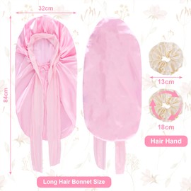 Starvortex Satin Bonnet for Sleeping Long Hair, Silky Hair Bonnets for Women with 2pc Satin scrunchies, Adjustable Satin Hair Bonnet with Tie, Satin Sleep Bonnet for Women Long Curly Hair Care, Pink