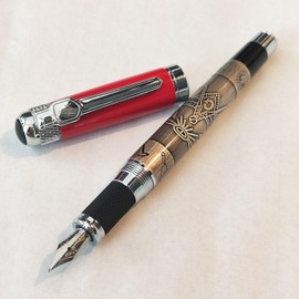 Masonic Symbols Engraved Heavy Weight Silver Metal Fountain Pen, Gift Box (Blue Ink Cartridge)