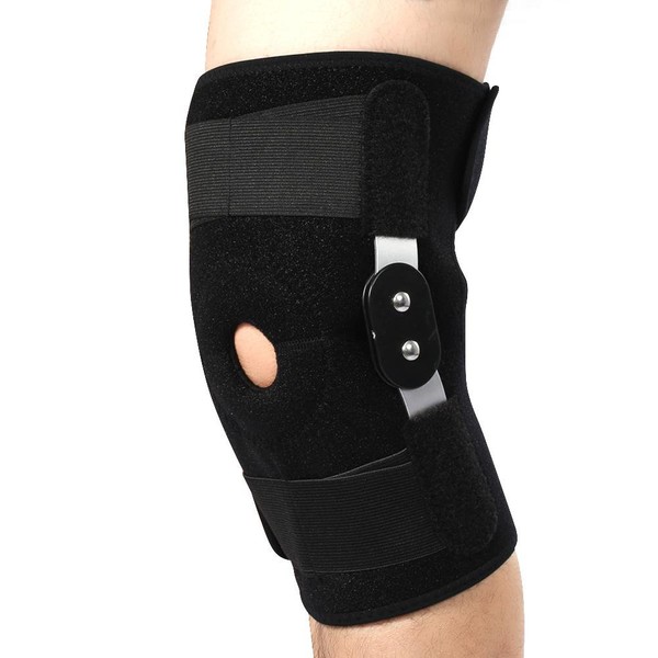 Knee Brace joint Stabilizer Rotuliana Meniscus with externally mounted aluminum alloy hinges Adjustable Professional knee protector Medial and Lateral Support (White Hinges Support)