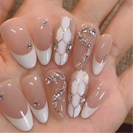 24Pcs White French Tip Press on Nails Medium Almond Fake Nails Full Cover Snake False Nails with Reusable Design Nude Acrylic Nails Pink Stick on nails Cute Glue on Nails for Women Manicure Decoration