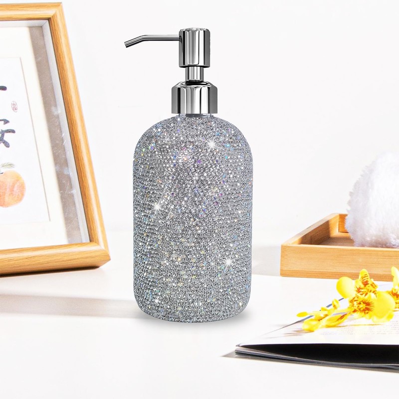 SlowVibes 18Oz Bling Glass Soap Dispenser with Rust Proof Stainless