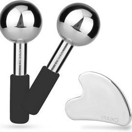 VRAIKO ICE Globes for Facials & Gua Sha Set, Gua Sha Facial Tools and Cryo Sticks with Unbreakable Steel, Face Massager Cooling Rollers for Dark Circles, Puffiness and Lymphatic Drainage - Color: Black