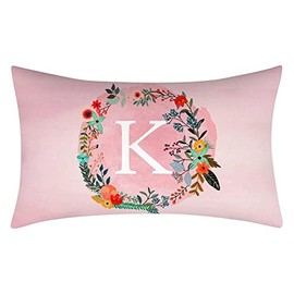 Fullfun Alphabet Letter Cushion Covers, Pink Double Sided Flower and Letter Printed Throw Pillow Covers Soft Polyester Decorative Pillow Cases for Sofa Couch Bedroom Home Decor (1PC, 30cm x 50cm)