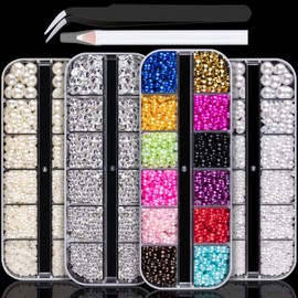 Belleboost 4 Boxes Flat Back Rhinestone&Pearls Kits Flatback Round Glass Crystal Clear Gems+Colorful+White+Beige Half Round Pearls with Pickup Pencil and Tweezer for Nail Art, Face Makeup and Craft