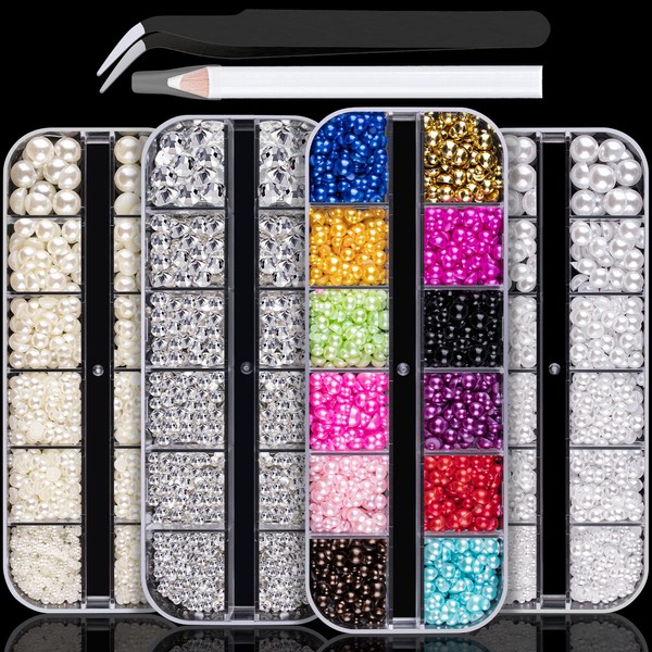 Belleboost 4 Boxes Flat Back Rhinestone&Pearls Kits Flatback Round Glass