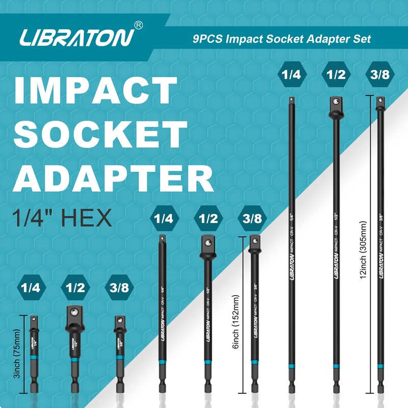 Libraton Impact Grade Socket Adapter Set, 3" 6" 12", Drill