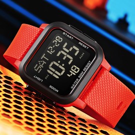 findtime Digital Watch Men's Large Numbers Watch Men Women Digital LED Sports Watch Square 5ATM Waterproof 12/24H Two Time Zones Outdoor Countdown Watch Sports Wristwatches Boys Military Watch, red,