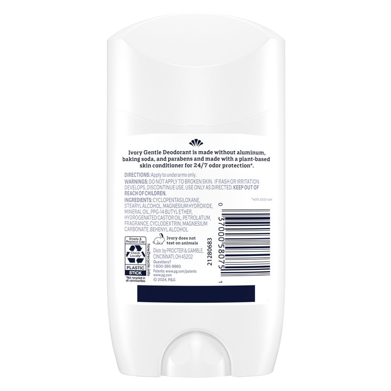 Ivory Aluminum Free Deodorant, Notes of Aloe, 24hr Gentle Deodorant,