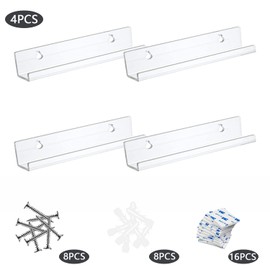 BBAOO Set of 4 Clear Acrylic Shelves, Vinyl Shelves, Wall Mount for Records and Photos, with Screws and Stickers