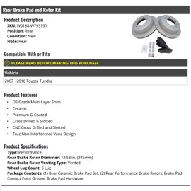 Rear Ceramic Brake Pad and Cross Drilled and Slotted Rotor Kit - 5 Lug - Performance Type - Compatible with 2007-2016 Toyota Tundra