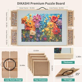 DIKASHI 1500 Pieces Tilting & Rotating Puzzle Board, 34.25" × 25.2", Portable Jigsaw Puzzle Table for Adults with 4 Drawers & Protective Cover, Ideal Gift for Mum