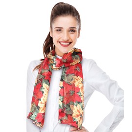 CBC Crown Christmas Scarf - Christmas Theme Candycane, Poinsettia Scarf Accessories, 13" x 60" Inches, Made In Korea (Poinsettia-Gold Multi)