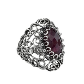 Filigranist Sterling Silver Filigree Lace Boho Women Statement Gemstone Ring (Ruby Corundum, 8)