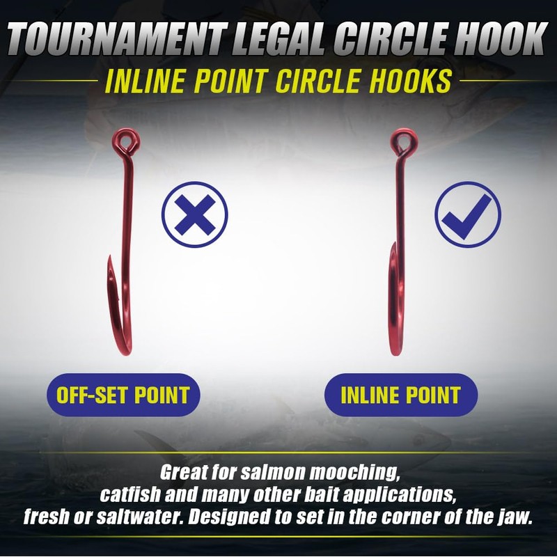 LURELINK-Inline-Circle-Hooks-Saltwater-for-Catfish-Bass-Octopus-Hooks-Fishing-Hook-Freshwater 50 Pack (5/0 50-Pack, Red)