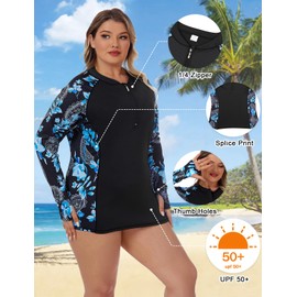 Luranee Plus Size Bathing Suits for Women,Plus Size Rash Guard Long Sleeve UV Sun Protection Zip Front Side Adjustable Swimwear Bathing Suit Top Water Skiing Blue Paisley 4XL