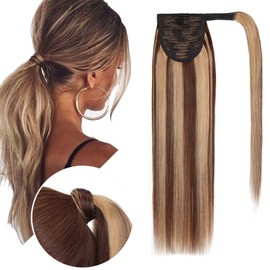 Hairro Ponytail Extensions Human Hair Wrap Around Pony Tails Hair Piece Remy Hair Clip in Ponytails with Magic Paste For Women 14inch 80g #4P27 Medium Brown mix Dark Blonde
