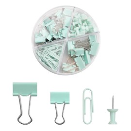 Tabanzhe 72PCS Binder Clips Set Office– Paper Clips, Push Pins, Foldback Clips with Storage Box, Office Supplies Kit for Home School Office, Desk Stationery Organizer (Green)