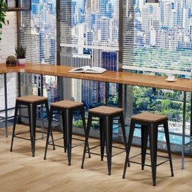 Changjie Furniture Bar Stools Set of 4 with Wooden Seat Backless Barstools Industrial Counter Height Bar Stools Stackable for Kitchen (26 inch, Matte Black)