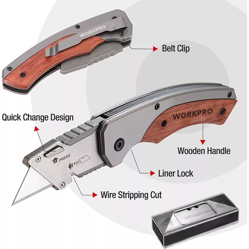 WORKPRO Folding Utility Knife Stainless Steel Head & Liner Lock