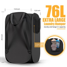 Collapsible Backpack Laundry Bag Made by Strong Polyester Oxford Cloth, 76L Heavy Duty Large Hamper with Adjustable Shoulder Strap, Foldable Basket with Mesh Pocket for College, Travel, Apartment