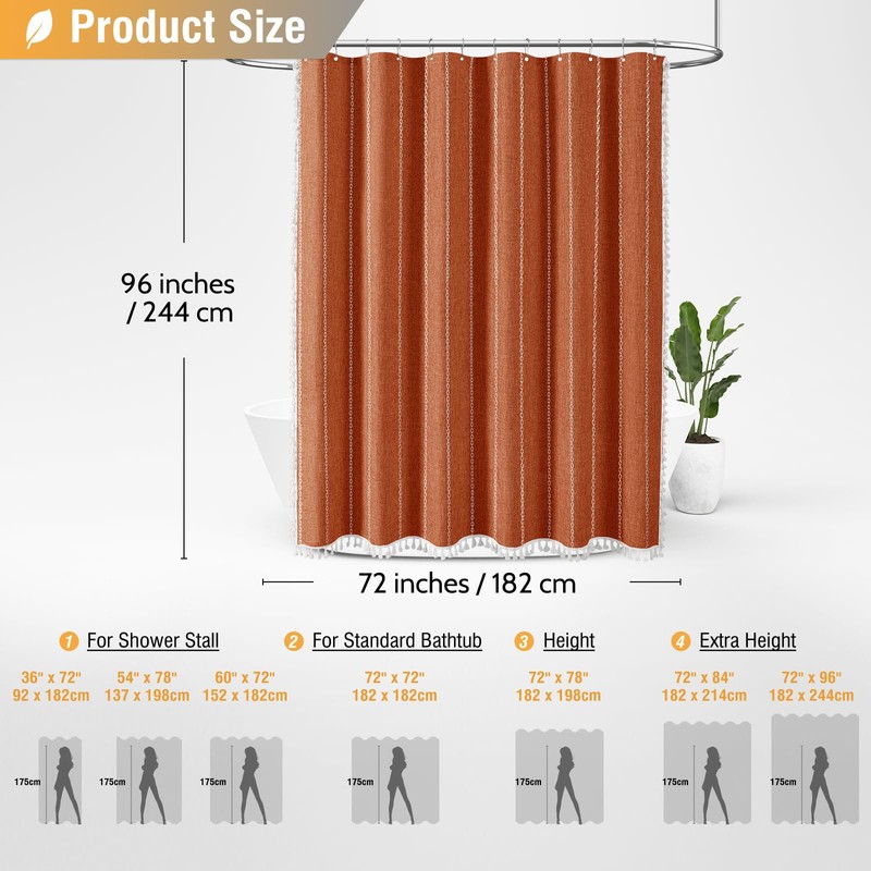 BTTN Extra Long Shower Curtain, 96 Inch Boho Rustic Striped
