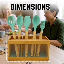 Wooden Utensil Holder Organizer with 3 Compartments, Rustic Countertop Kitchen Utensil Holder perfect for storing spoons, spatulas, cooking tools, and silverware, keeping your kitchen neat, organized