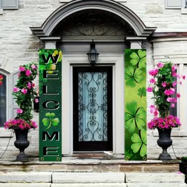 BlissYard St Patricks Day Porch Sign Irish Green Shamrock Door Banner Welcome Hanging Sign Front Porch Decor Happy St. Patrick's Day Party Outdoor Decor Supplies Yard Banners