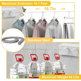 GAESHOW Hanging Retractable Clothesline, Extendable Wall, Wall Mounting, Non-Sagging Washing Line with 5.1 m Steel Rope, for Bathroom, Laundry Room, Balcony, Garden (White)