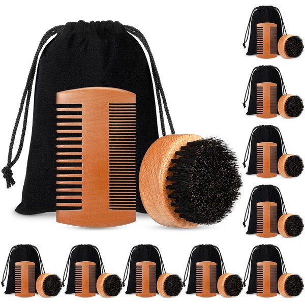 10 Sets Beard Brush and Comb Set Beard Grooming Kit for Men Beard Care Natural Boar Bristle Brush Pear Wood Beard Comb Dual Sided Wide Tooth Comb with Travel Pouch for Valentine Gift(Circle)