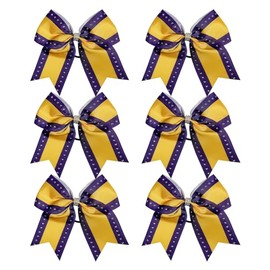 Cheerleader Bows 8 Inch Comb Color Cheerleader Ponytail Holder with Rhinestones, Set of 6 (Purple/Gold)
