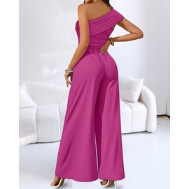 CHICME Womens Sleeveless Jumpsuit One Shoulder Ruched Romper Casual Fall Buckle Decor Wide Leg Jumpsuits Hot Pink-L