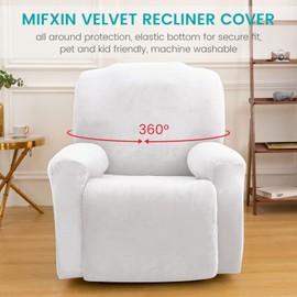 MIFXIN Recliner Cover 4-Piece Velvet Stretch 1 Seat Reclining Sofa Couch Slipcovers Soft Elastic Recliner Chair Covers Anti-Slip Washable Furniture Protector with Side Pocket (White)