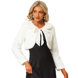 Allegra K Women's Faux Fur Bolero Shrug Crop Jacket Evening Bow Tie Front Fluffy Coat Large White