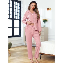 Lovasy Women's Long Winter Pyjamas with Buttons 2-Piece Long Sleeve Pyjamas for Women Loungewear Set with Pockets and Drawstring, lightpink, S