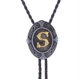 Btilasif Bolo Tie Native American Western Cowboy Alphabet Golden Initial Letter A to Z Leather Necktie Bola Tie for Men Women S