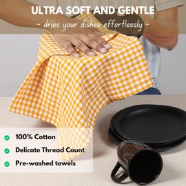 Native Fab 12 Pack Gingham Farmhouse Kitchen Dish Towels Cotton Absorbent Durable Washable 15x25 - Tea Towels, Dish Cloths, Restaurant Cleaning Towels, Kitchen Towels with Hanging Loop, Yellow White