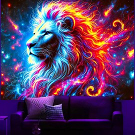 BlissYard Blacklight Lion Tapestry 78x59 Inch Lion Trippy Galaxy Space Tapestry UV Reactive Glow in The Dark Tapestry Galaxy Space Tapestry Wall Hanging for Home Decor Art Wall Hanging for Living Room