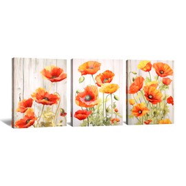 LYUNSHUO Flower Wall Art 3 Piece Orange Poppies Pictures Canvas Prints Modern Botanic Painting Floral Artwork for Bedroom Living Room Bathroom Kitchen Office Home Decor(Artwork-2,12.00"x16.00"x3P)