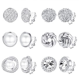 MILACOLATO 6 Pairs Clip On Earrings Cubic Zirconia Pearl Knot Twist Clip On Earrings Not Pierced for Women Girls Clip Earrings Set, Brass