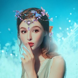 MOSTORY Woodland Fairy Accessories for Women, Renaissance Elf Outfit Set with Fairy Crown, Elf Ears, Butterfly Earrings for Renfaire Cosplay