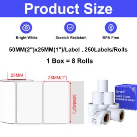 LENVII 50 mm x 25 mm White Direct Thermal Label Stickers, 2 x 1 Inch Thermal Labels, Waterproof/Oil Resistant/Friction Resistant for Portable and Desktop Label Printers (1 Roll 250 Pieces / 8 Rolls)