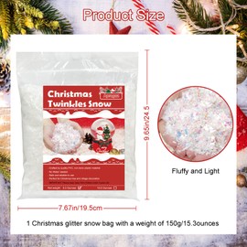 Apragaz 5.3oz Christmas Twinkles Snow Artificial Fake Snow Decoration Plastic Sparkling Snow Faux Craft Snow Filler for Christmas Village Display Xmas Tree Party Décor Supplies (White, AB Color)