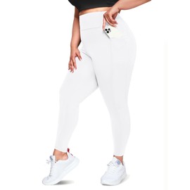 Happy.angel Plus Size Leggings with Pockets for Women, High Waisted Capri Yoga Workout Pants Cropped Tights White 3X-Large